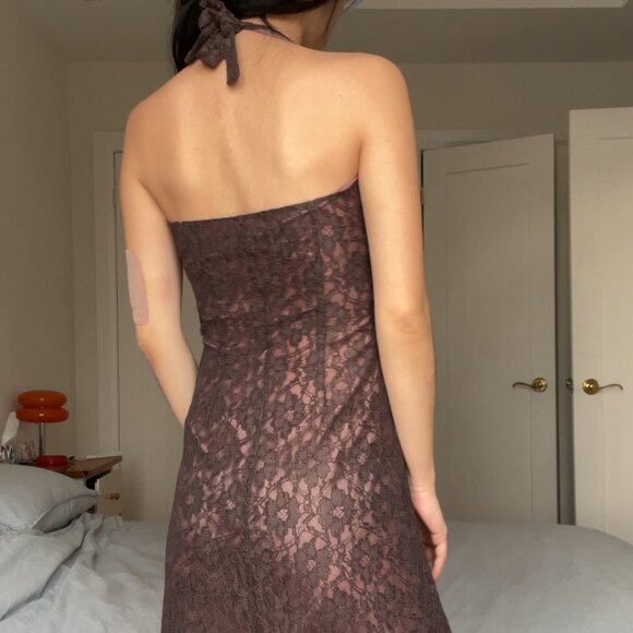 Vintage Brown Lace Halter Top Midi  Dress - Picture 7 of 9
